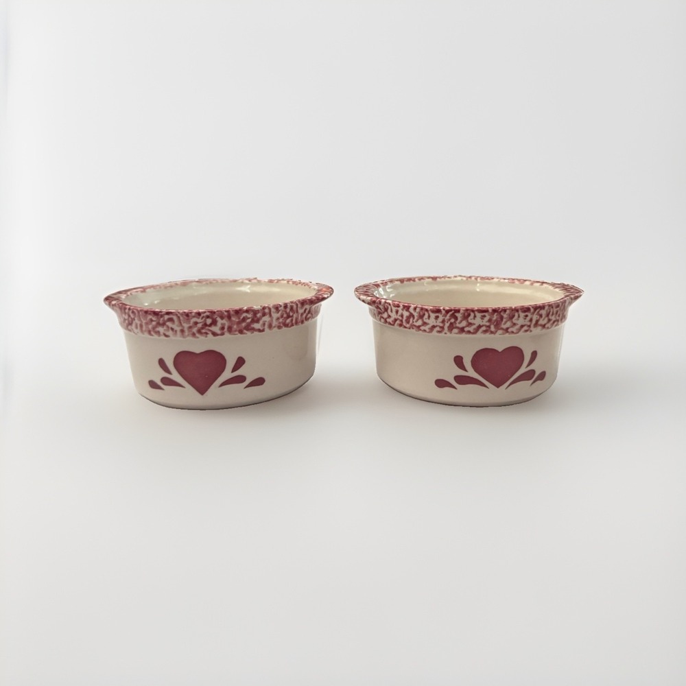 Vintage Pink Heart Spongeware Personal Pottery Casserole Dish Small Set of 2